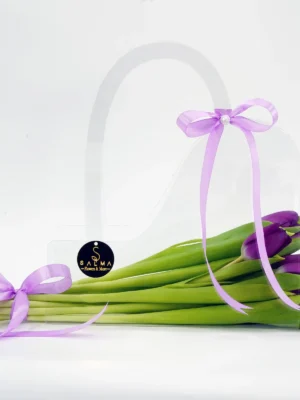 Deep Purple Tulip Bag in a transparent acrylic handbag with satin lavender ribbons