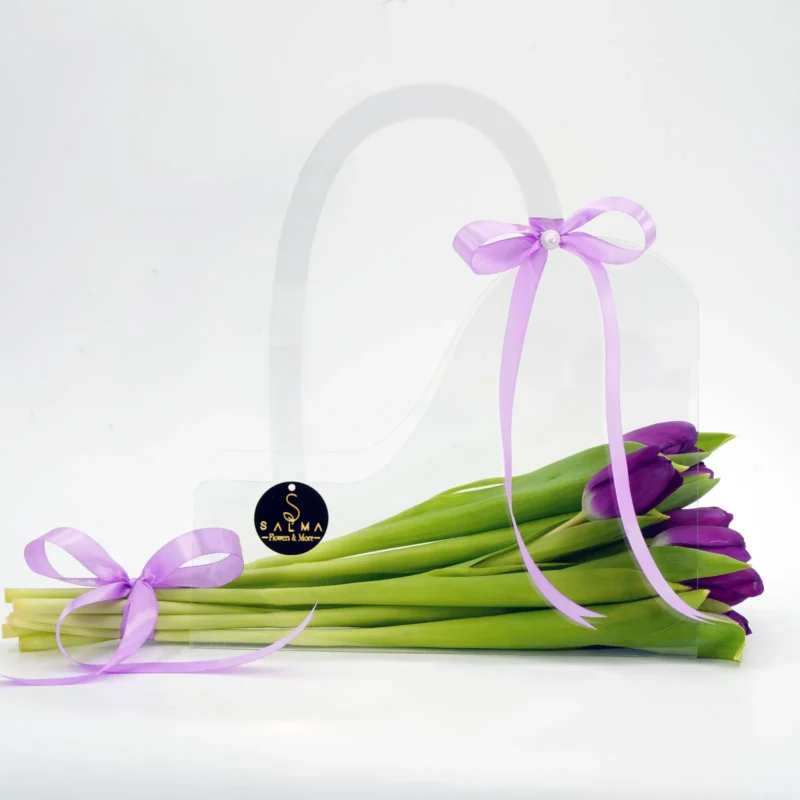 Deep Purple Tulip Bag in a transparent acrylic handbag with satin lavender ribbons