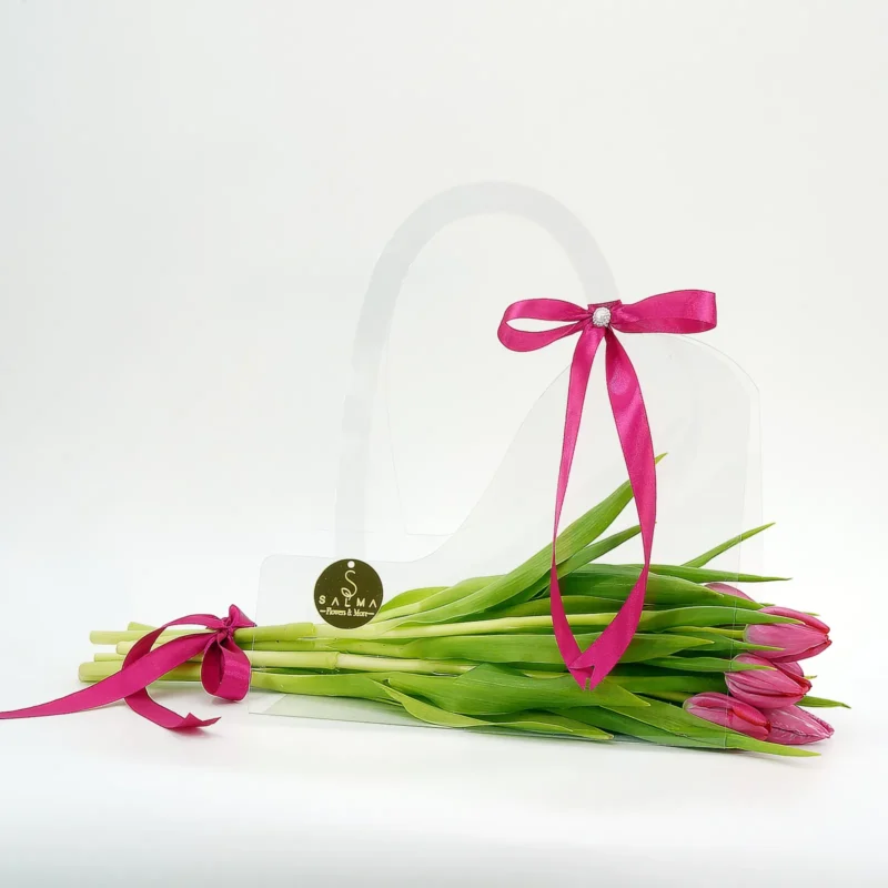 Hot Pink Tulip Bag in a clear acrylic handbag with satin magenta ribbons