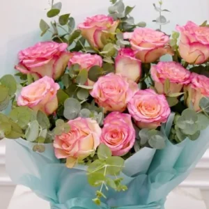 Morning Dew Bouquet by Salma Flowers – pink roses with eucalyptus in aqua wrapping, Amman delivery