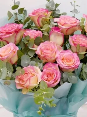 Morning Dew Bouquet by Salma Flowers – pink roses with eucalyptus in aqua wrapping, Amman delivery
