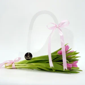 Pink Tulip Bag arrangement with fresh tulips in a transparent acrylic handbag