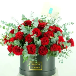 Elegant Red Rose Melody Bouquet in black Maison des Fleurs box with eucalyptus accents