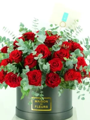 Elegant Red Rose Melody Bouquet in black Maison des Fleurs box with eucalyptus accents