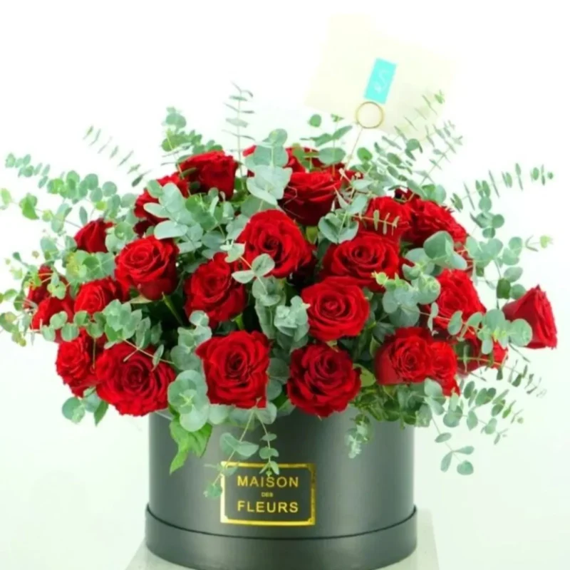 Elegant Red Rose Melody Bouquet in black Maison des Fleurs box with eucalyptus accents