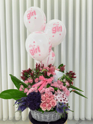Baby girl flower basket with hydrangea, roses, and chrysanthemums