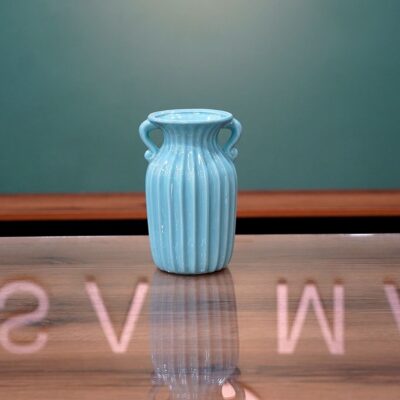 Light Blue Fluted Ceramic Vase with Handles