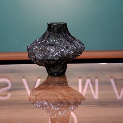 Artistic Smoky Grey Sculptural Glass Vase with Crushed Ice Texture